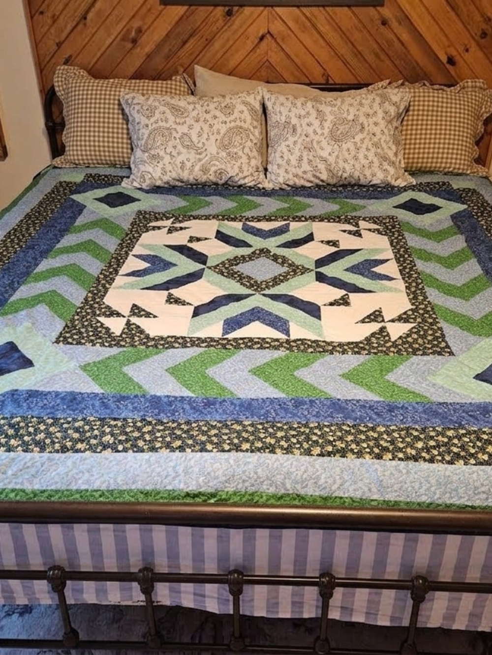 Handmade Quilted Bedspread in Green, Blue and Cream